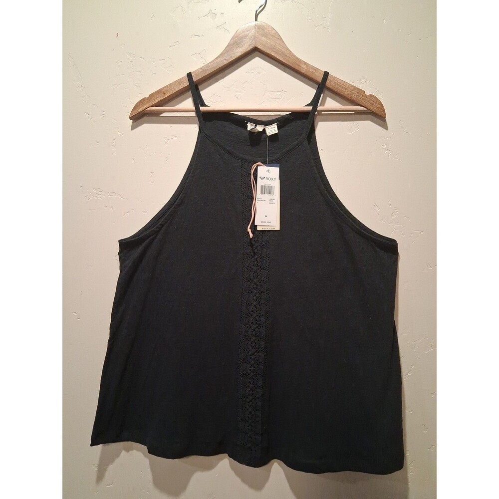 NWT Roxy Women's XL Black Swing Tank Spaghetti Strap Crochet Panel